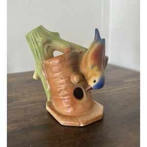 Vintage‎ Porcelain Figurine Colorful Bird On Tree Stump Hole Czechoslovakia